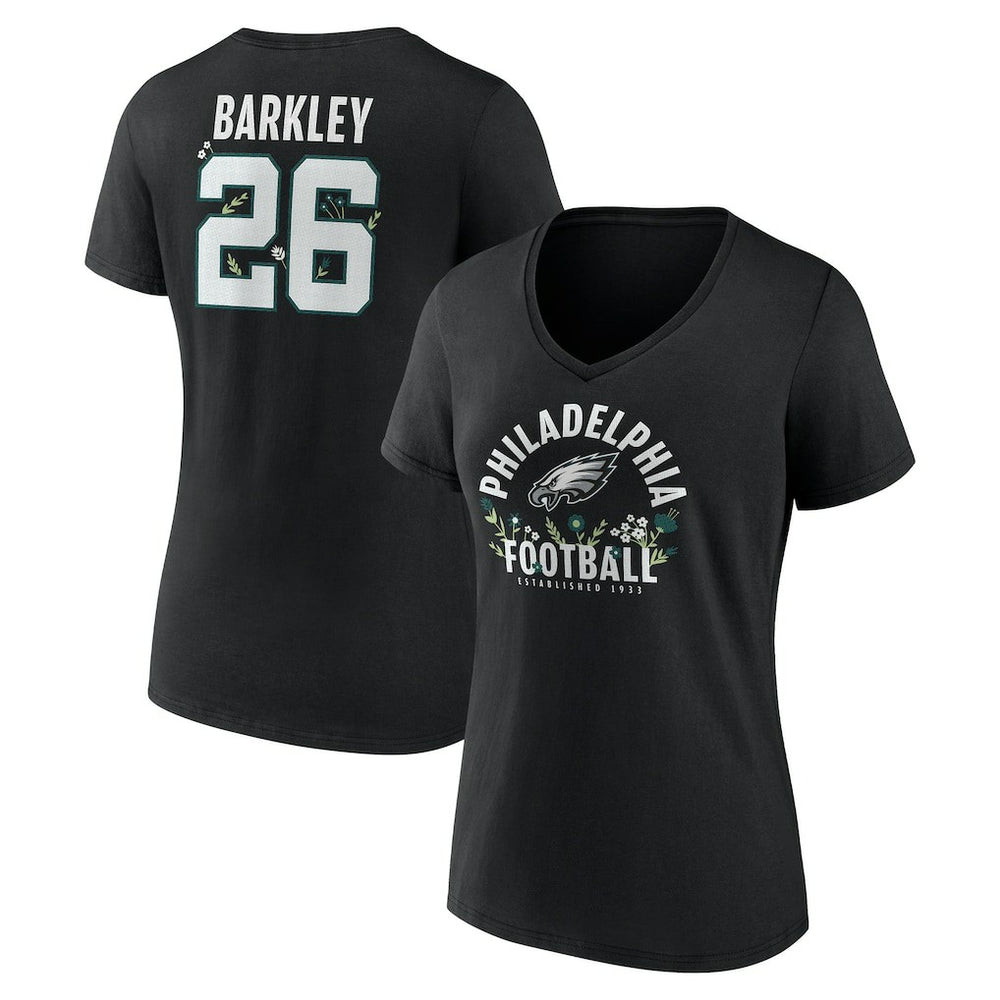 Saquon Barkley Philadelphia Eagles Women's Floral Name & Number V-Neck T-Shirt - Black T-shirts
