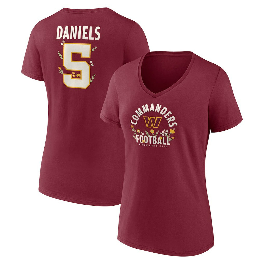 Jayden Daniels Washington Commanders Women's Floral Name & Number V-Neck T-Shirt - Garnet T-shirts