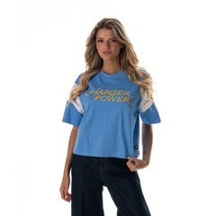 Los Angeles Chargers The Wild Collective Women's Charger Power Contrast Sleeve Insert T-Shirt - Powder Blue T-shirts