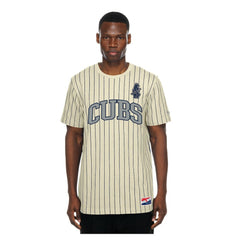 Chicago Cubs New Era Throwback Meshback Pinstripe T-Shirt - Cream T-shirts