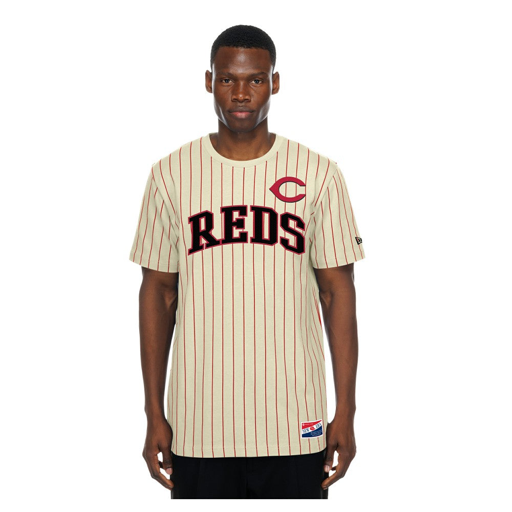 Cincinnati Reds New Era Throwback Meshback Pinstripe T-Shirt - Cream T-shirts