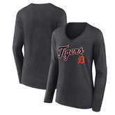Detroit Tigers Women's Team Lockup Long Sleeve V-Neck T-Shirt - Charcoal T-shirts