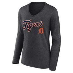 Detroit Tigers Women's Team Lockup Long Sleeve V-Neck T-Shirt - Charcoal T-shirts