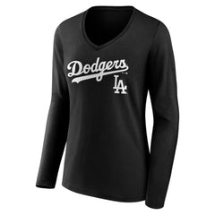 Los Angeles Dodgers Women's Team Lockup Long Sleeve V-Neck T-Shirt - Black T-shirts