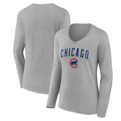 Chicago Cubs Women's Team Lockup Long Sleeve V-Neck T-Shirt - Gray T-shirts