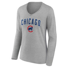 Chicago Cubs Women's Team Lockup Long Sleeve V-Neck T-Shirt - Gray T-shirts