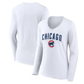 Chicago Cubs Women's Team Lockup Long Sleeve V-Neck T-Shirt - White T-shirts