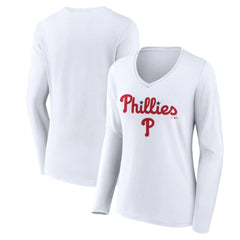 Philadelphia Phillies Women's Team Lockup Long Sleeve V-Neck T-Shirt - White T-shirts
