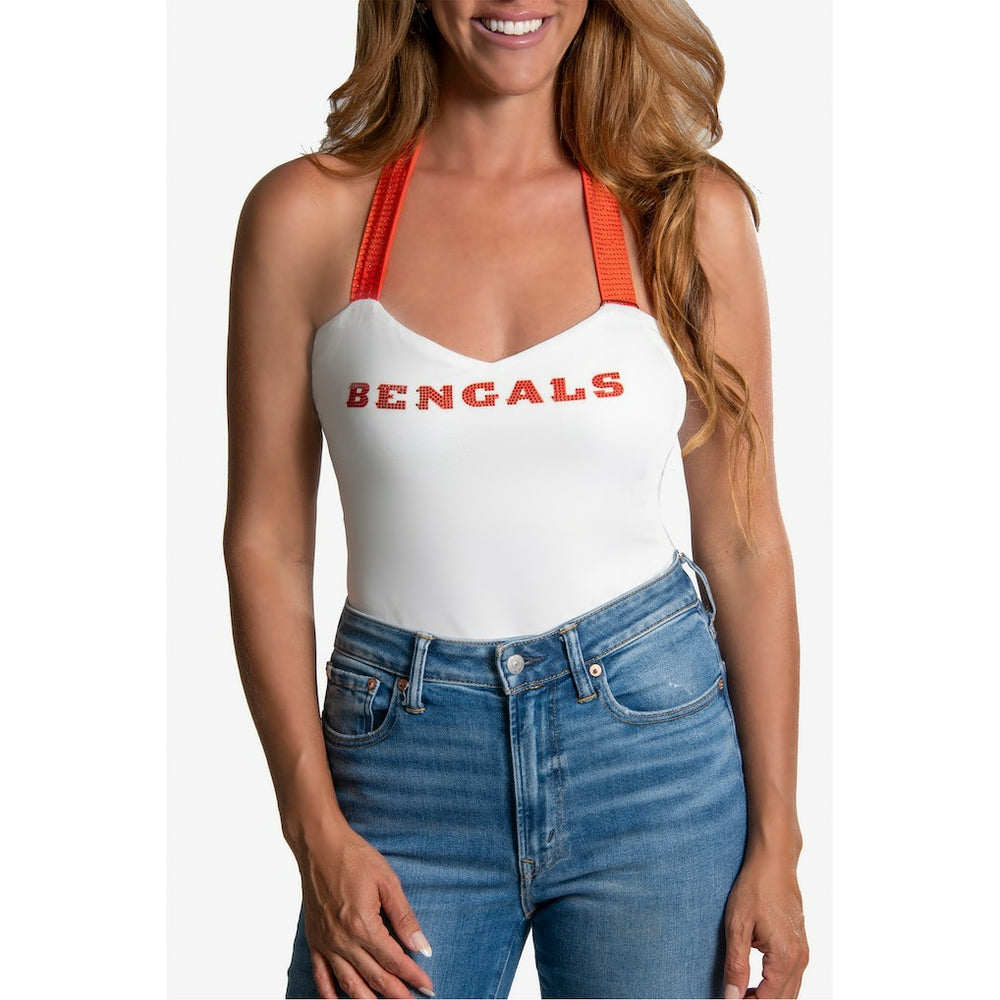 Cincinnati Bengals Cuce Women's Rhinestone Semi-Cropped Halter Tank - White Tanks