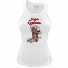 St. Louis Cardinals Tiny Turnip Women's Fitted Vintage Cowboy Boot Tri-Blend Tank Top - White Tanks