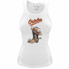 Baltimore Orioles Tiny Turnip Women's Fitted Vintage Cowboy Boot Tri-Blend Tank Top - White Tanks