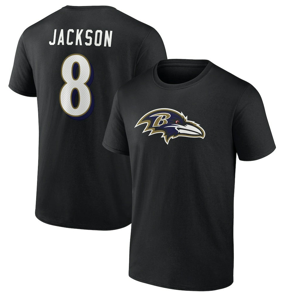 Lamar Jackson Baltimore Ravens Icon Name & Number T-Shirt - Black T-shirts