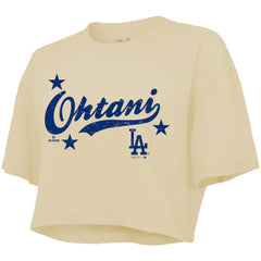 Shohei Ohtani Los Angeles Dodgers Majestic Threads Women's Boxy Crop Top - Cream Tops