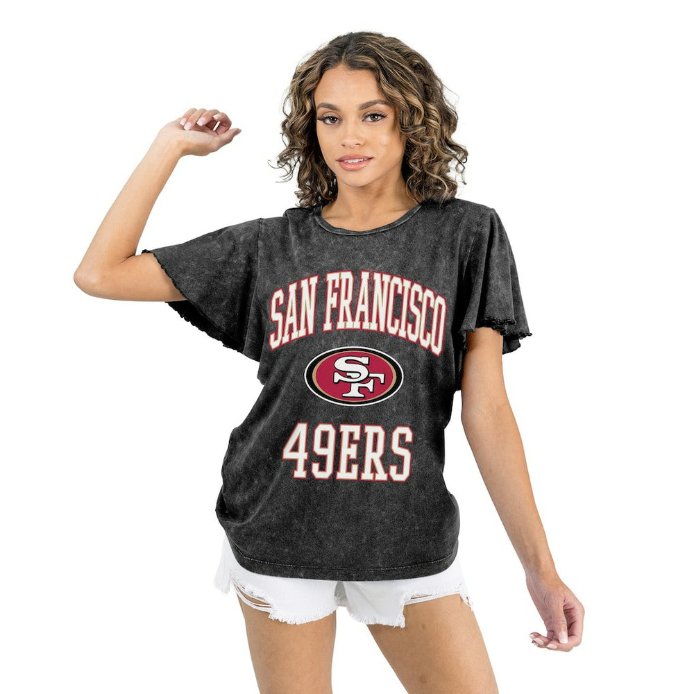 San Francisco 49ers Gameday Couture Women's Relaxed Flutter Sleeve T-Shirt - Black T-shirts