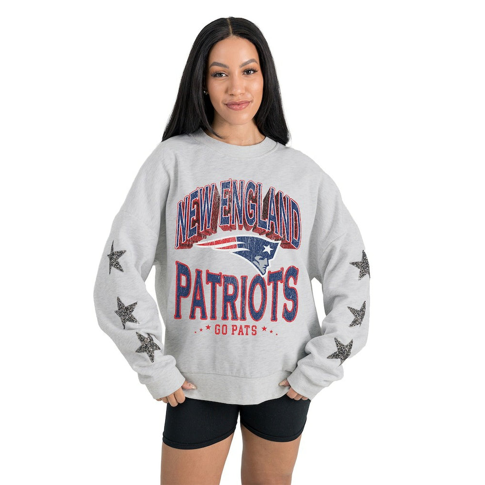 New England Patriots Gameday Couture Women's Resilience Relaxed Rhinestone Pullover Sweatshirt - Ash Pullover