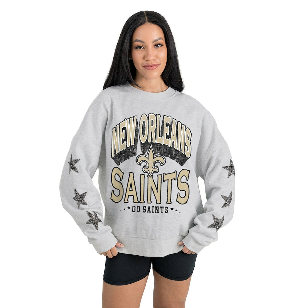 New Orleans Saints Gameday Couture Women's Resilience Relaxed Rhinestone Pullover Sweatshirt - Ash Pullover