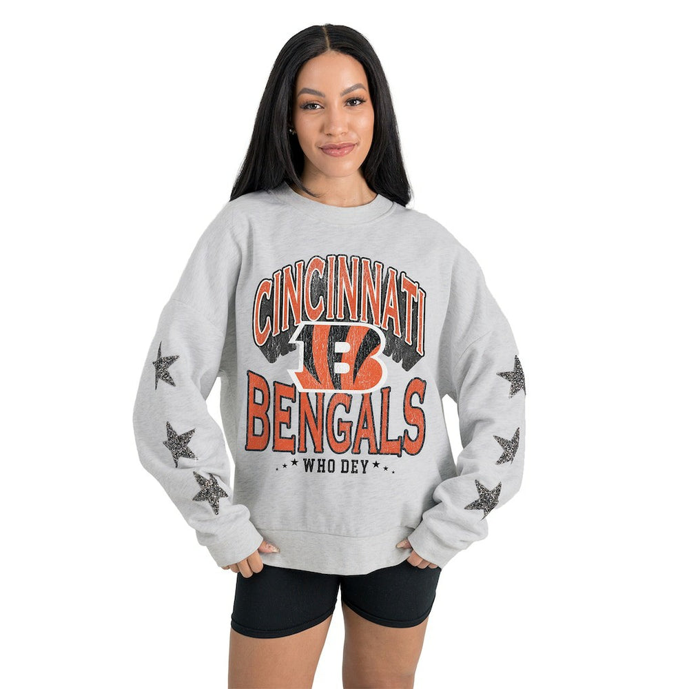 Cincinnati Bengals Gameday Couture Women's Resilience Relaxed Rhinestone Pullover Sweatshirt - Ash Pullover