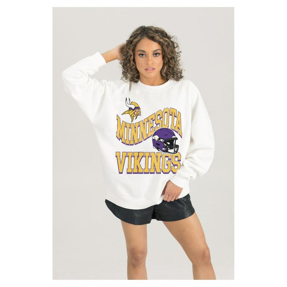 Minnesota Vikings Gameday Couture Women's Oversized Hard Earned Premium Fleece Pullover Sweatshirt - White Pullover