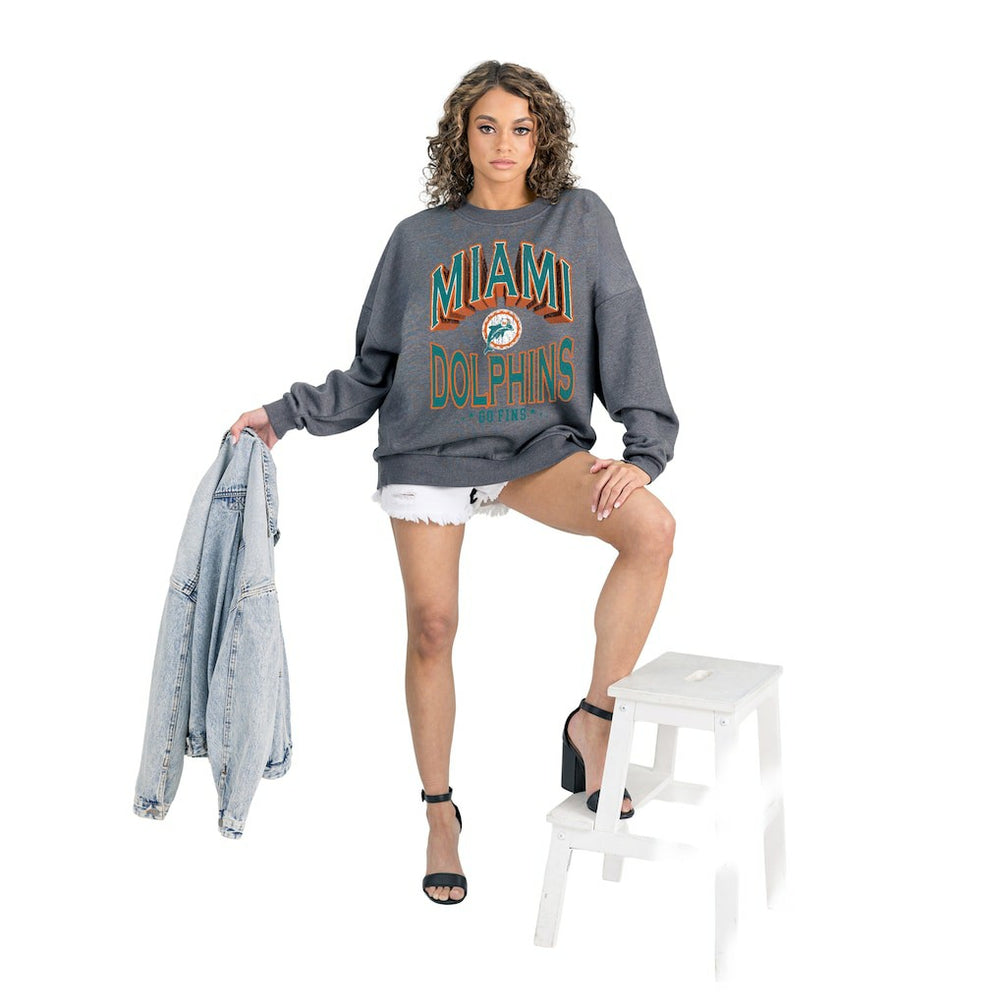 Miami Dolphins Gameday Couture Women's Long Weekends Oversized Premium Fleece Pullover Sweatshirt - Charcoal Pullover