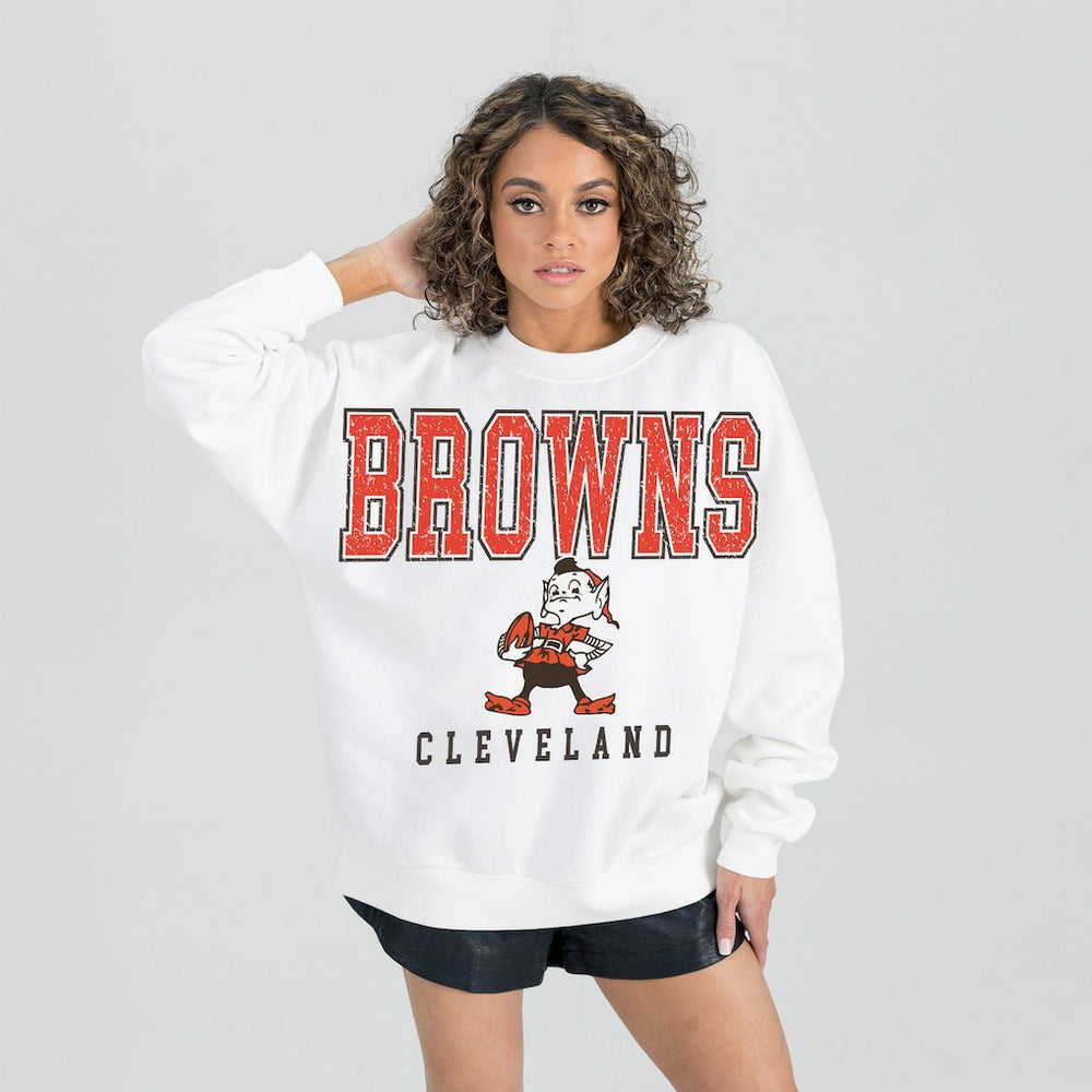 Cleveland Browns Gameday Couture Women's Classic Sunday Drives Oversized Premium Fleece Pullover Sweatshirt - White Pullover