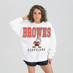 Cleveland Browns Gameday Couture Women's Classic Sunday Drives Oversized Premium Fleece Pullover Sweatshirt - White Pullover