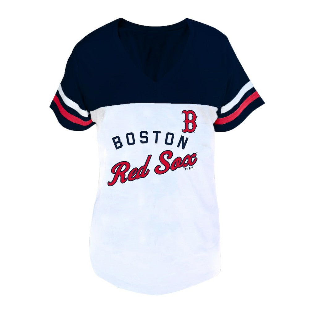 Boston Red Sox Profile Women's Plus Size Two-Stripe V-Neck T-Shirt - White/Navy T-shirts