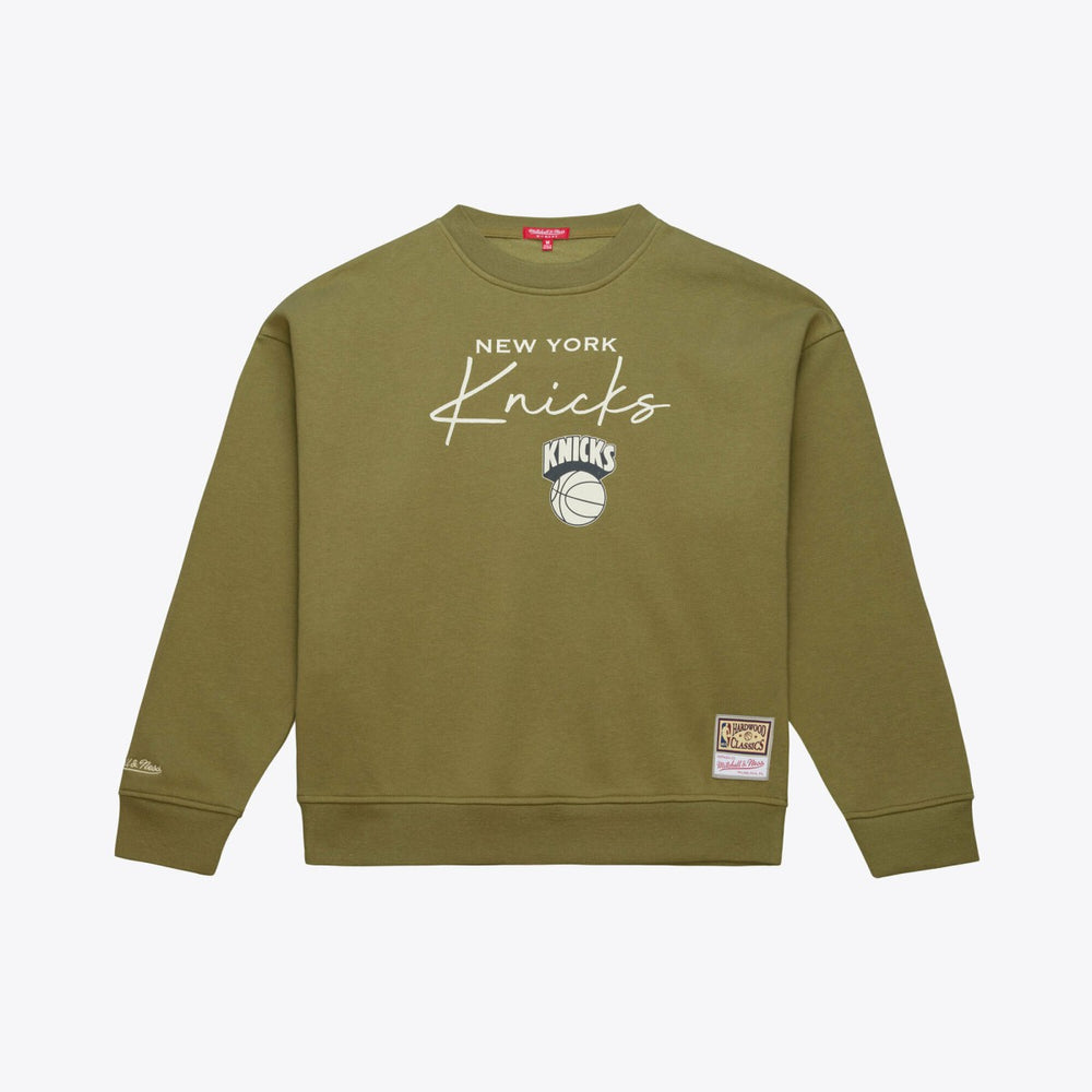 New York Knicks Women's Lightweight Script Sweatshirt Olive - Mitchell & Ness