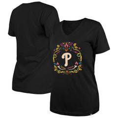 Philadelphia Phillies New Era Women's Día de los Muertos V-Neck T-Shirt - Black T-shirts