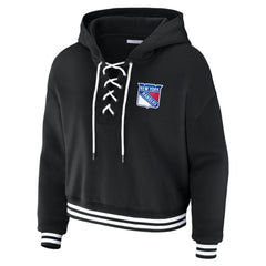 New York Rangers WEAR by Erin Andrews Women's Cropped Lace-Up Hoodie - Black | US 203391591