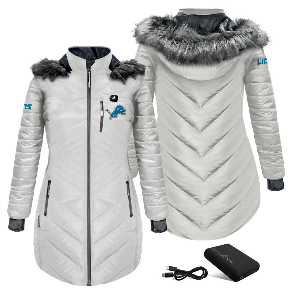Detroit Lions ActionHeat Women's 5V Battery Heated Long Puffer Full-Zip Hoodie Jacket - White Hoodies