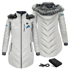 Detroit Lions ActionHeat Women's 5V Battery Heated Long Puffer Full-Zip Hoodie Jacket - White Hoodies