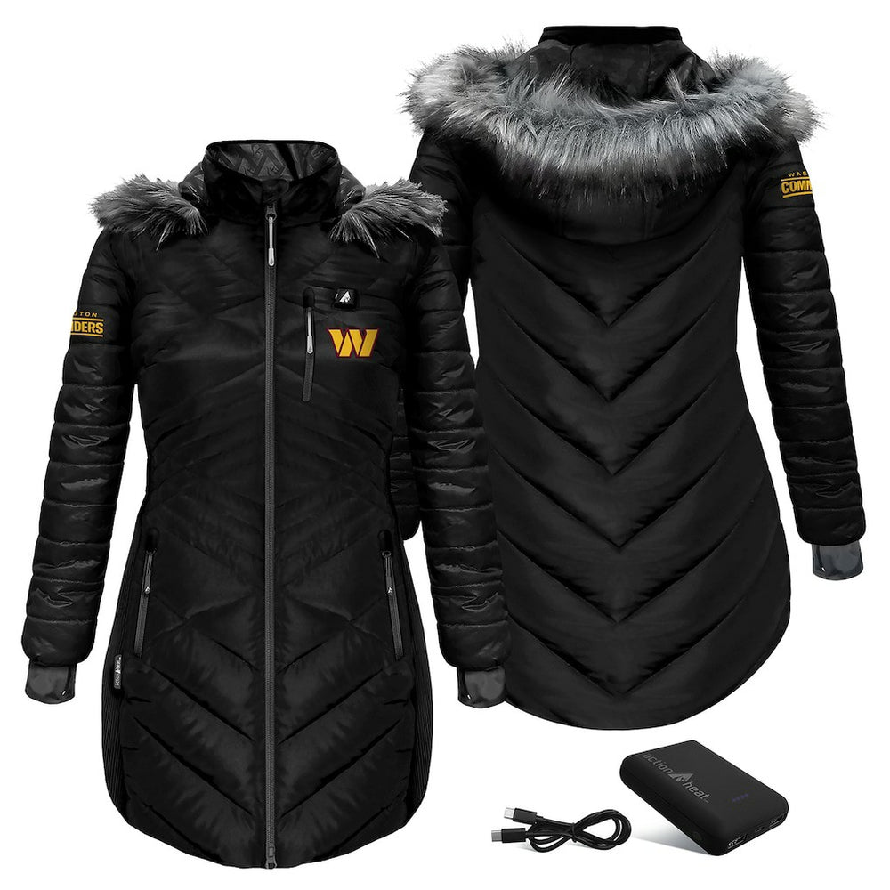 Washington Commanders ActionHeat Women's 5V Battery Heated Long Puffer Full-Zip Hoodie Jacket - Black Hoodies