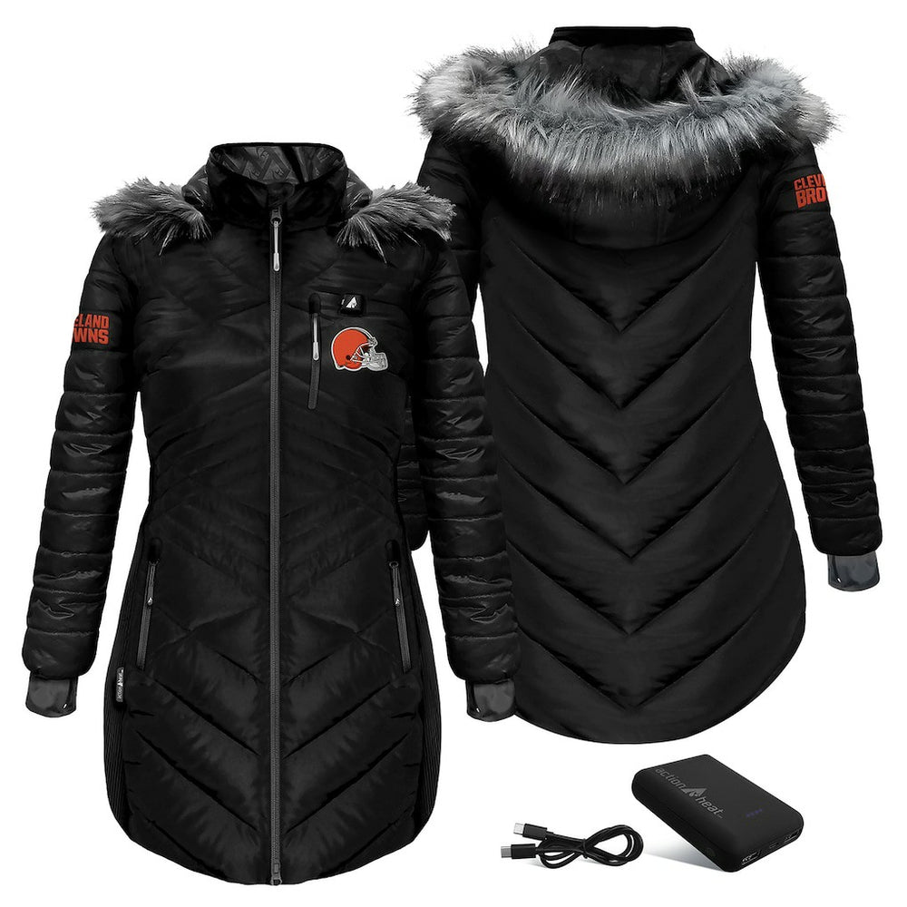 Cleveland Browns ActionHeat Women's 5V Battery Heated Long Puffer Full-Zip Hoodie Jacket - Black Hoodies