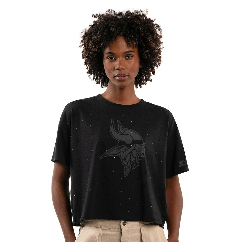 Minnesota Vikings Starter Women's Rhinestone Sprinkle Boxy Cropped T-Shirt - Black T-shirts