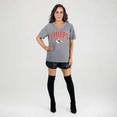 Kansas City Chiefs Gameday Couture Women's Relaxed Iconic Edge Rhinestone V-Neck T-Shirt - Gray T-shirts