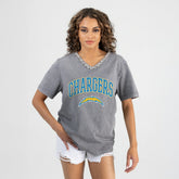 Los Angeles Chargers Gameday Couture Women's Relaxed Iconic Edge Rhinestone V-Neck T-Shirt - Gray T-shirts