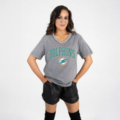 Miami Dolphins Gameday Couture Women's Relaxed Iconic Edge Rhinestone V-Neck T-Shirt - Gray T-shirts