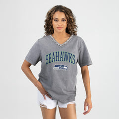 Seattle Seahawks Gameday Couture Women's Relaxed Iconic Edge Rhinestone V-Neck T-Shirt - Gray T-shirts