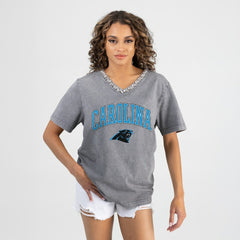 Carolina Panthers Gameday Couture Women's Relaxed Iconic Edge Rhinestone V-Neck T-Shirt - Gray T-shirts