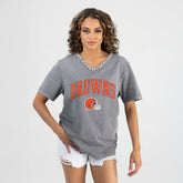 Cleveland Browns Gameday Couture Women's Relaxed Iconic Edge Rhinestone V-Neck T-Shirt - Gray T-shirts