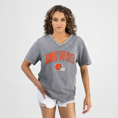 Cleveland Browns Gameday Couture Women's Relaxed Iconic Edge Rhinestone V-Neck T-Shirt - Gray T-shirts