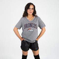 Denver Broncos Gameday Couture Women's Relaxed Iconic Edge Rhinestone V-Neck T-Shirt - Gray T-shirts