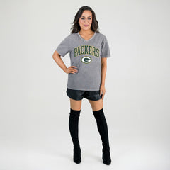 Green Bay Packers Gameday Couture Women's Relaxed Iconic Edge Rhinestone V-Neck T-Shirt - Gray T-shirts