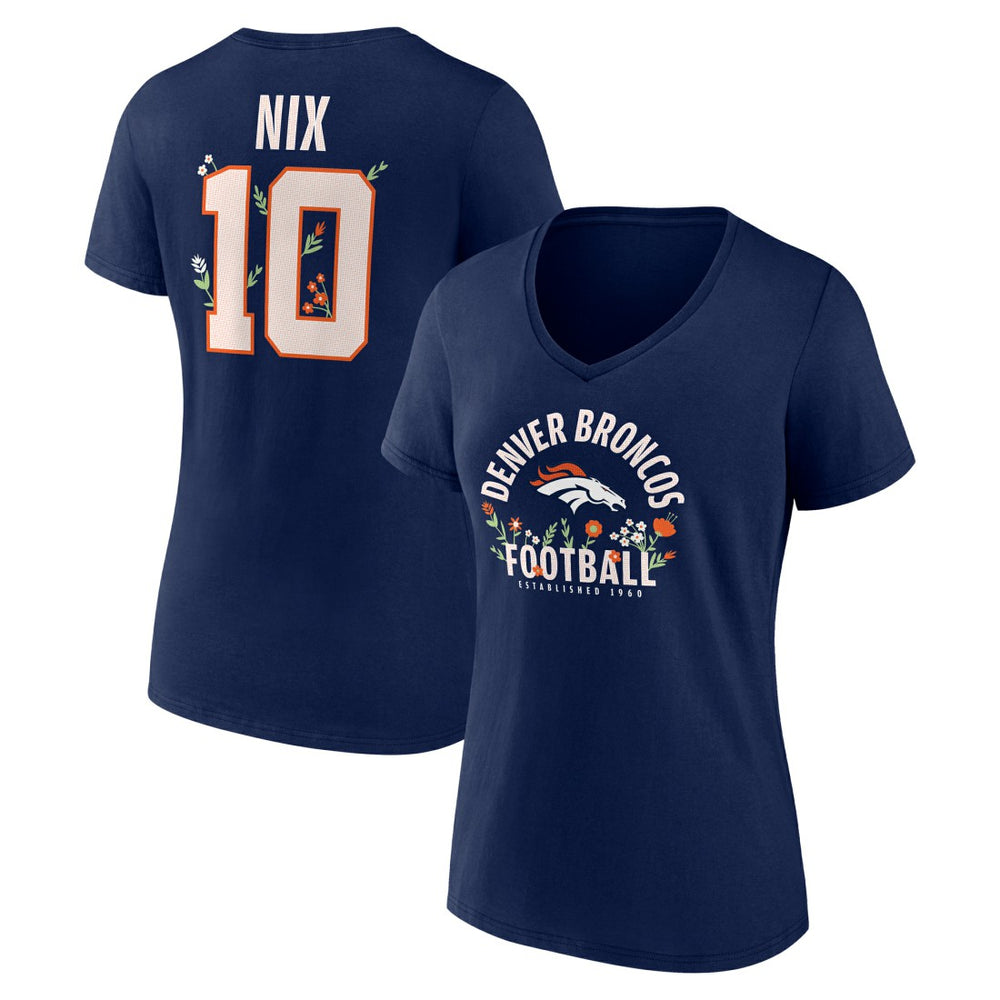 Bo Nix Denver Broncos Women's Floral Name & Number V-Neck T-Shirt - Navy T-shirts