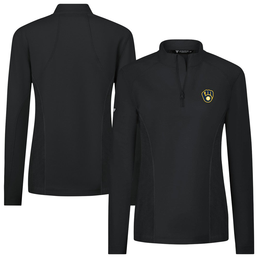 Milwaukee Brewers Levelwear Women's Upright Insignia 2.0 Quarter-Zip Tri-Blend Top - Black Tops