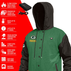 Green Bay Packers ActionHeat 5V Battery Heated Full-Snap Varsity Jacket - Green/Black Jackets