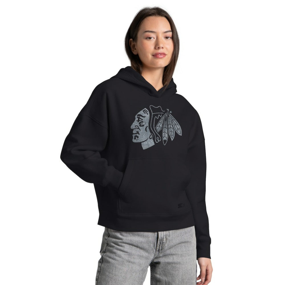 Chicago Blackhawks Starter Women's Rhinestone Relaxed Hoodie - Black | US 203437514