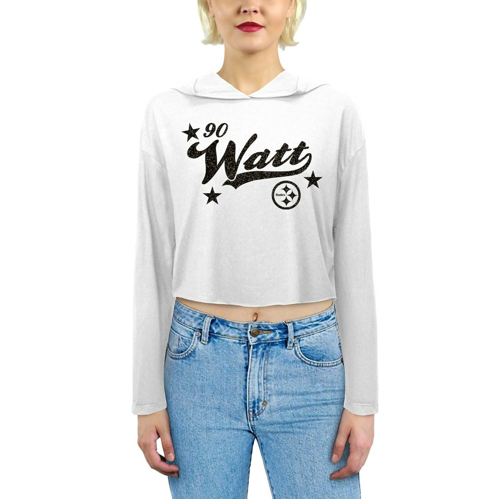 T.J. Watt Pittsburgh Steelers Majestic Threads Women's Glitter Wordmark Hoodie - White Hoodies