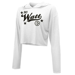 T.J. Watt Pittsburgh Steelers Majestic Threads Women's Glitter Wordmark Hoodie - White Hoodies