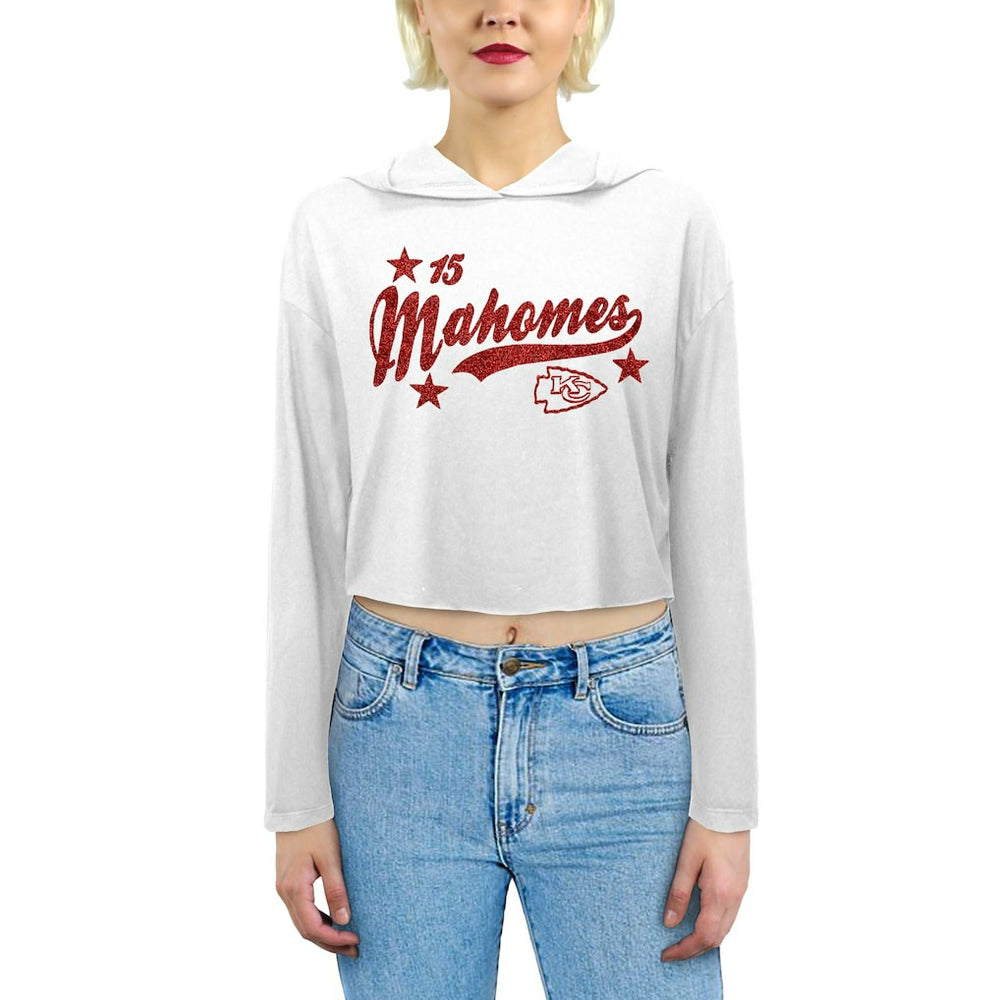 Patrick Mahomes Kansas City Chiefs Majestic Threads Women's Glitter Wordmark Hoodie - White Hoodies